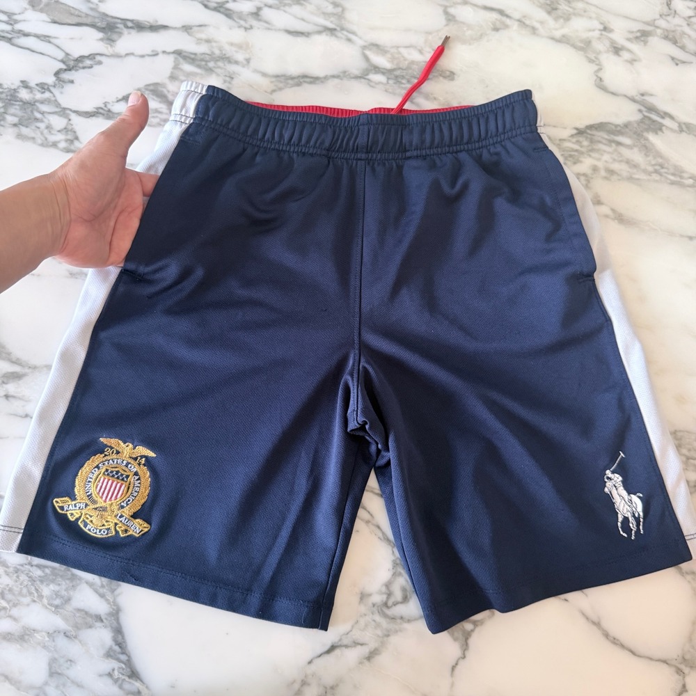 Polo Ralph Lauren Kids Navy Blue USA Crest Mesh Athletic Shorts Size M 10-12